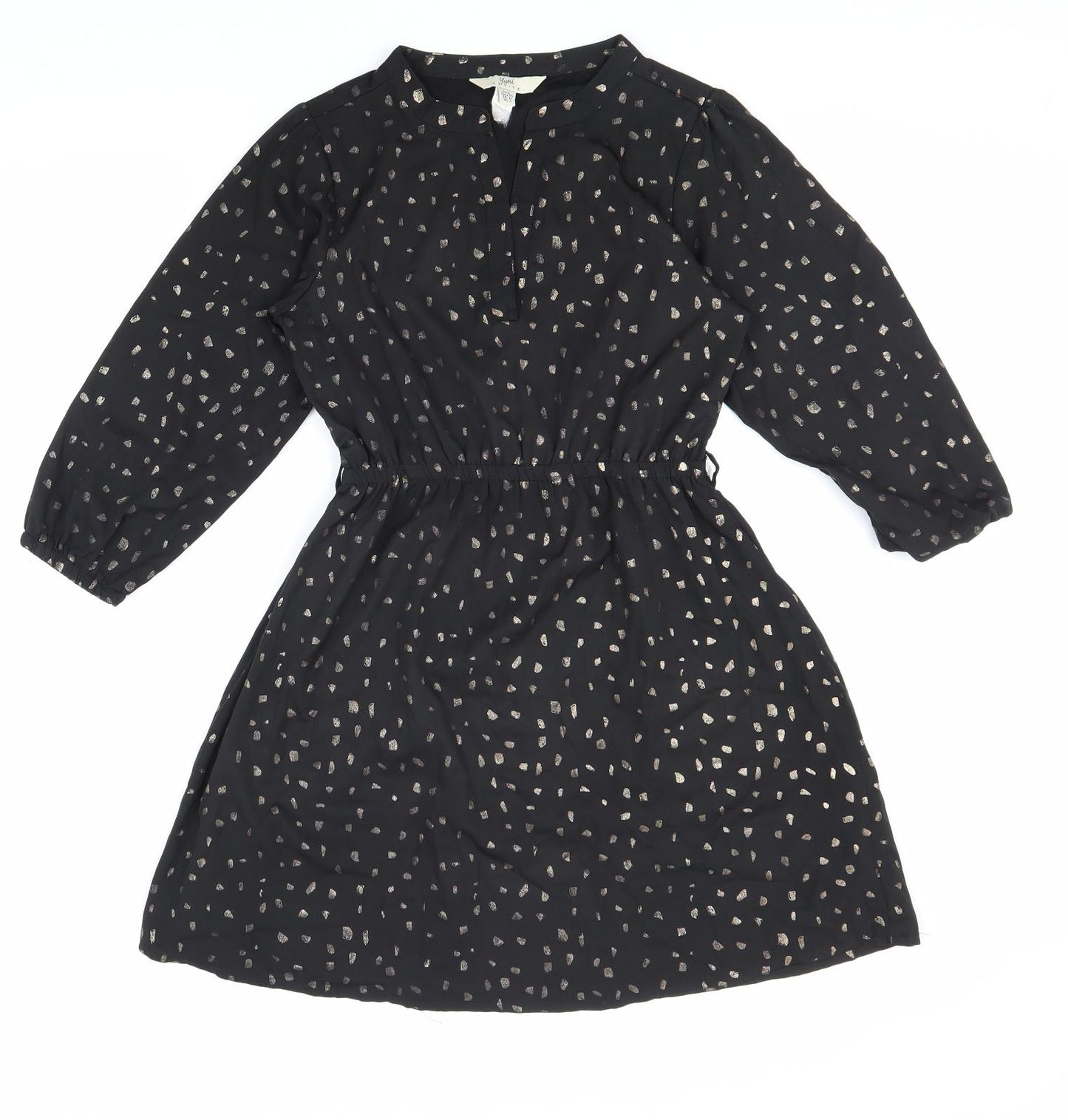 Yumi Womens Black Geometric Polyester Shirt Dress Size 6 V-Neck Pullover