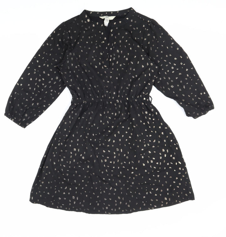 Yumi Womens Black Geometric Polyester Shirt Dress Size 6 V-Neck Pullover