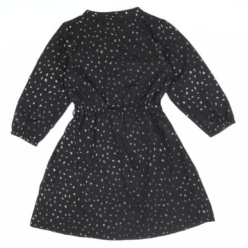 Yumi Womens Black Geometric Polyester Shirt Dress Size 6 V-Neck Pullover