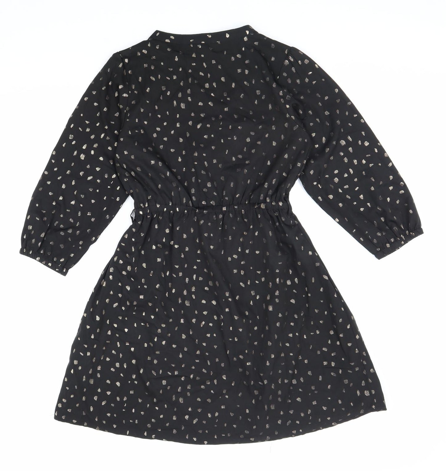 Yumi Womens Black Geometric Polyester Shirt Dress Size 6 V-Neck Pullover