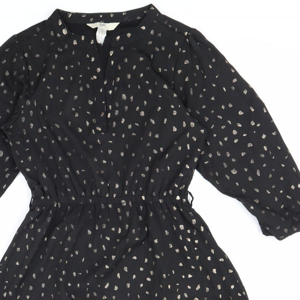 Yumi Womens Black Geometric Polyester Shirt Dress Size 6 V-Neck Pullover