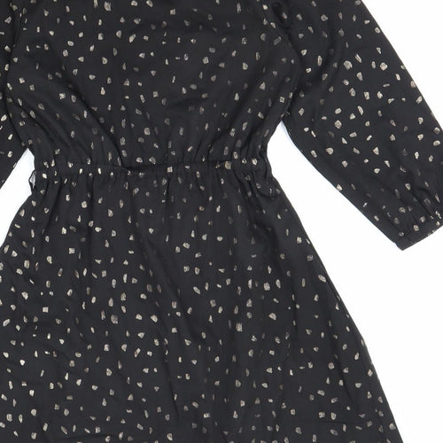 Yumi Womens Black Geometric Polyester Shirt Dress Size 6 V-Neck Pullover