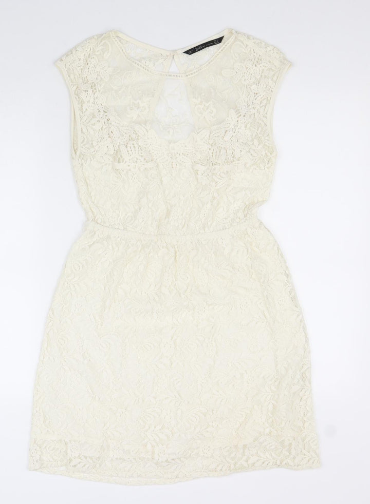 Zara Womens White Cotton Pencil Dress Size S Round Neck Button