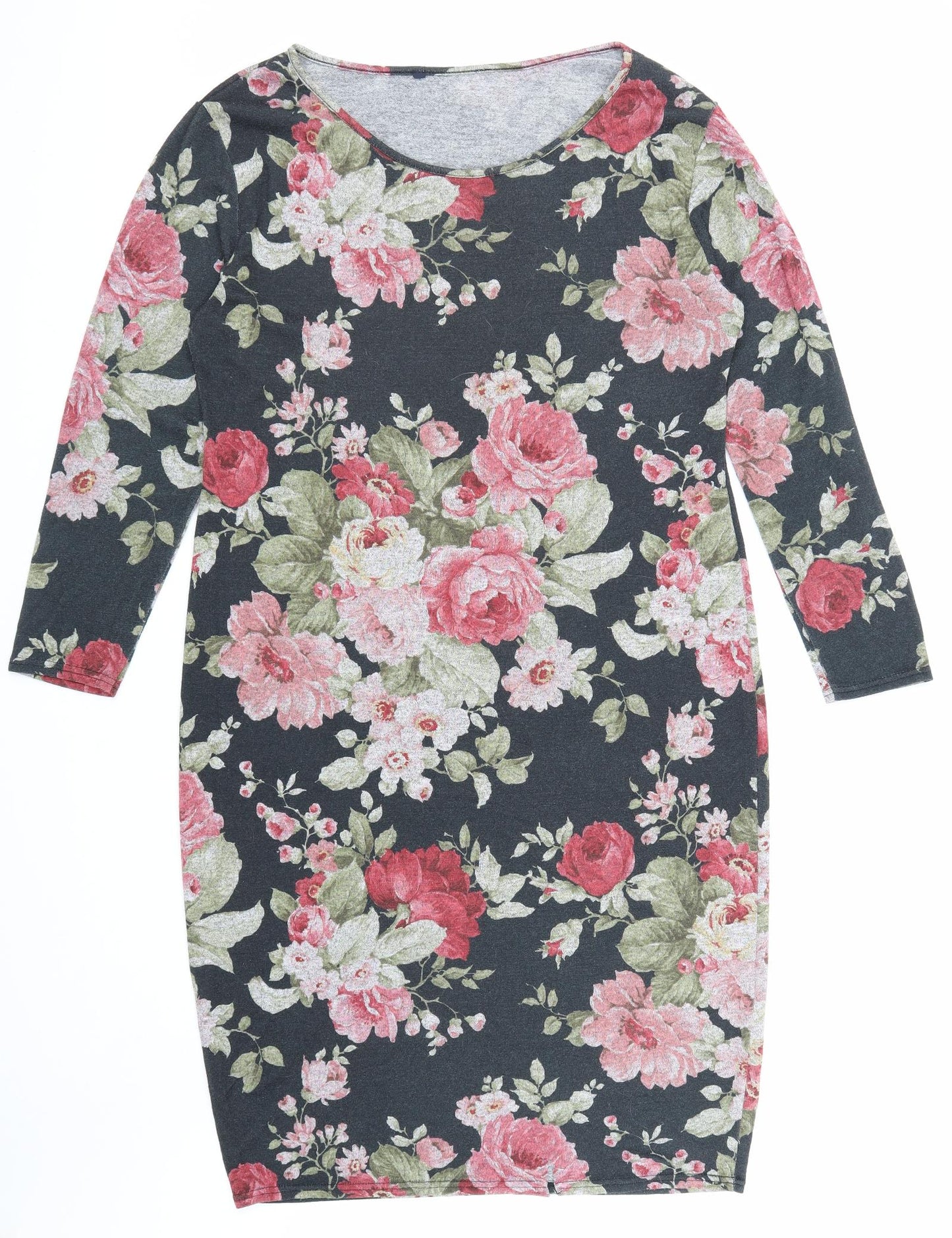Preworn Womens Black Floral Polyester Bodycon Size 18 Boat Neck Pullover