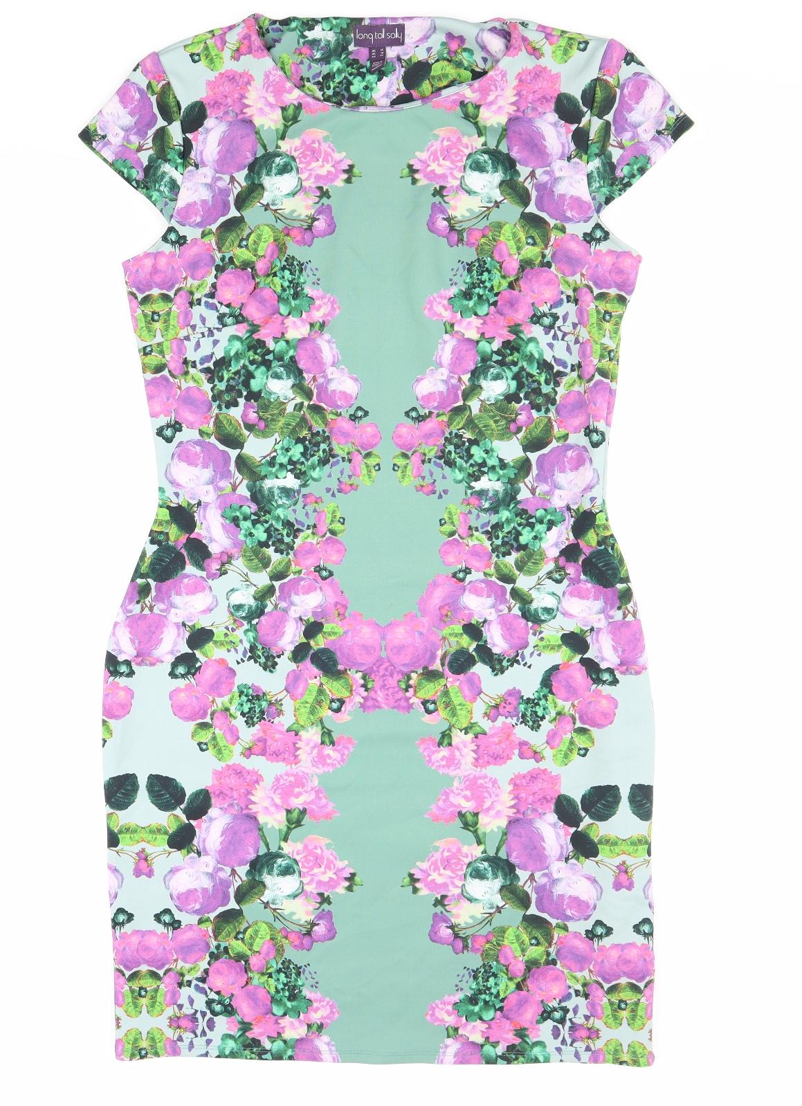 Long Tall Sally Womens Green Floral Polyester Bodycon Size 14 Round Neck Pullover