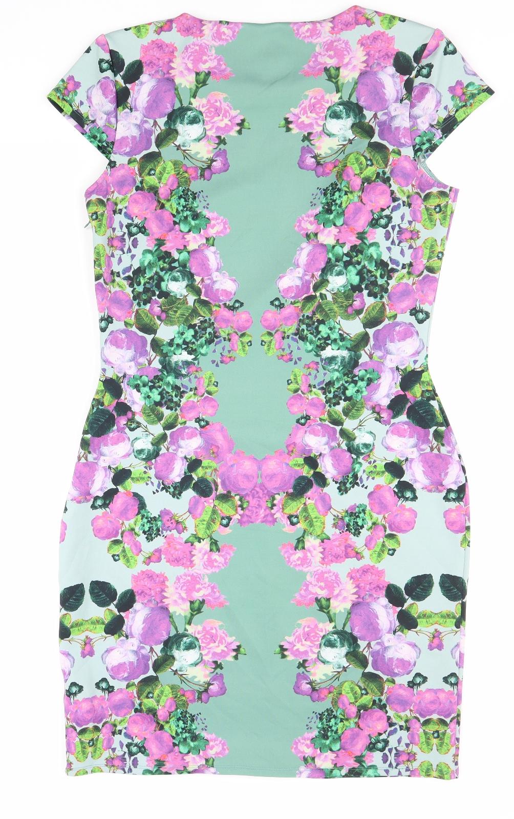 Long Tall Sally Womens Green Floral Polyester Bodycon Size 14 Round Neck Pullover