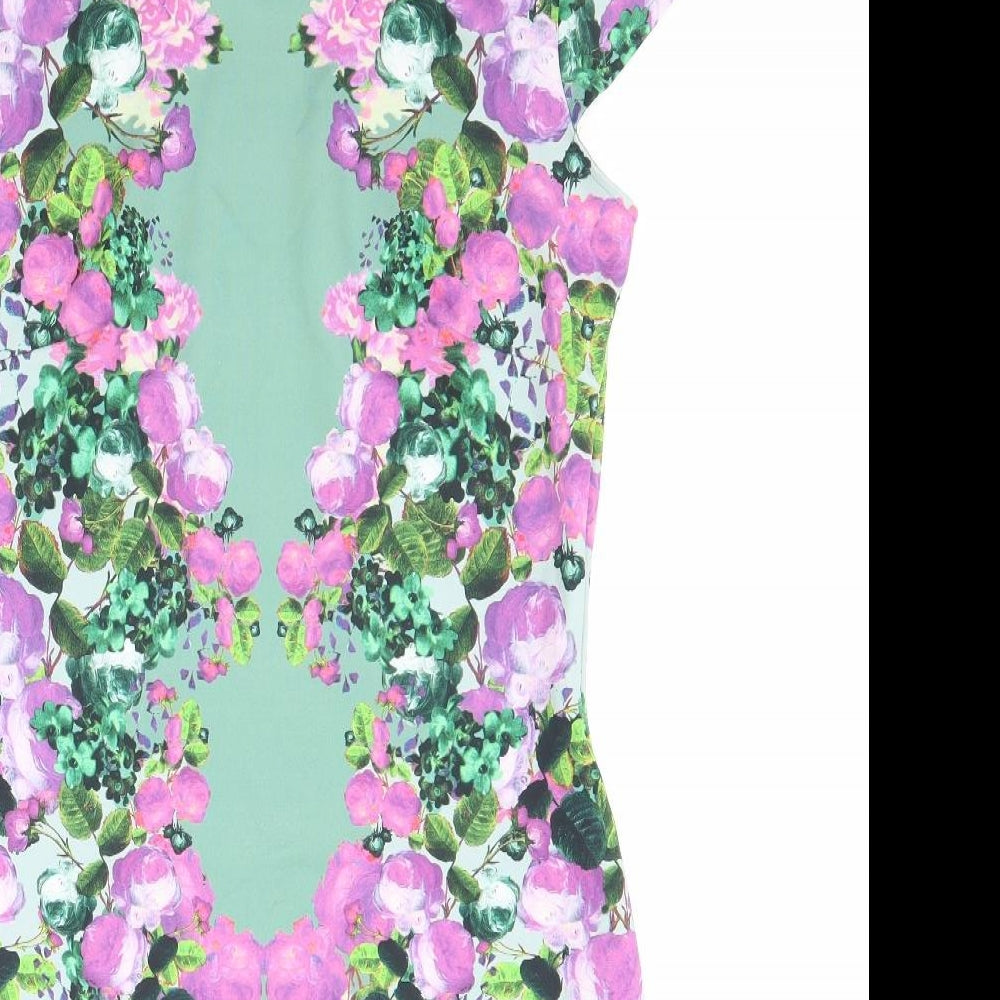 Long Tall Sally Womens Green Floral Polyester Bodycon Size 14 Round Neck Pullover