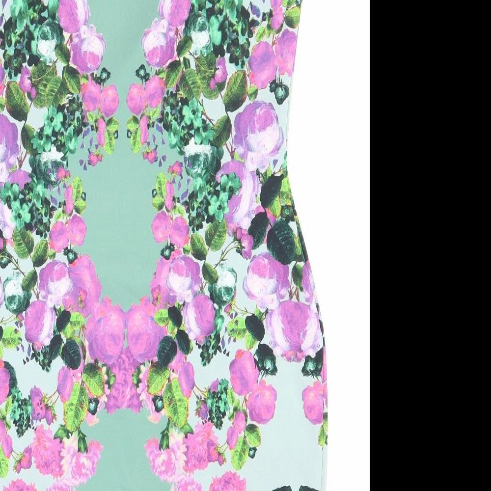 Long Tall Sally Womens Green Floral Polyester Bodycon Size 14 Round Neck Pullover