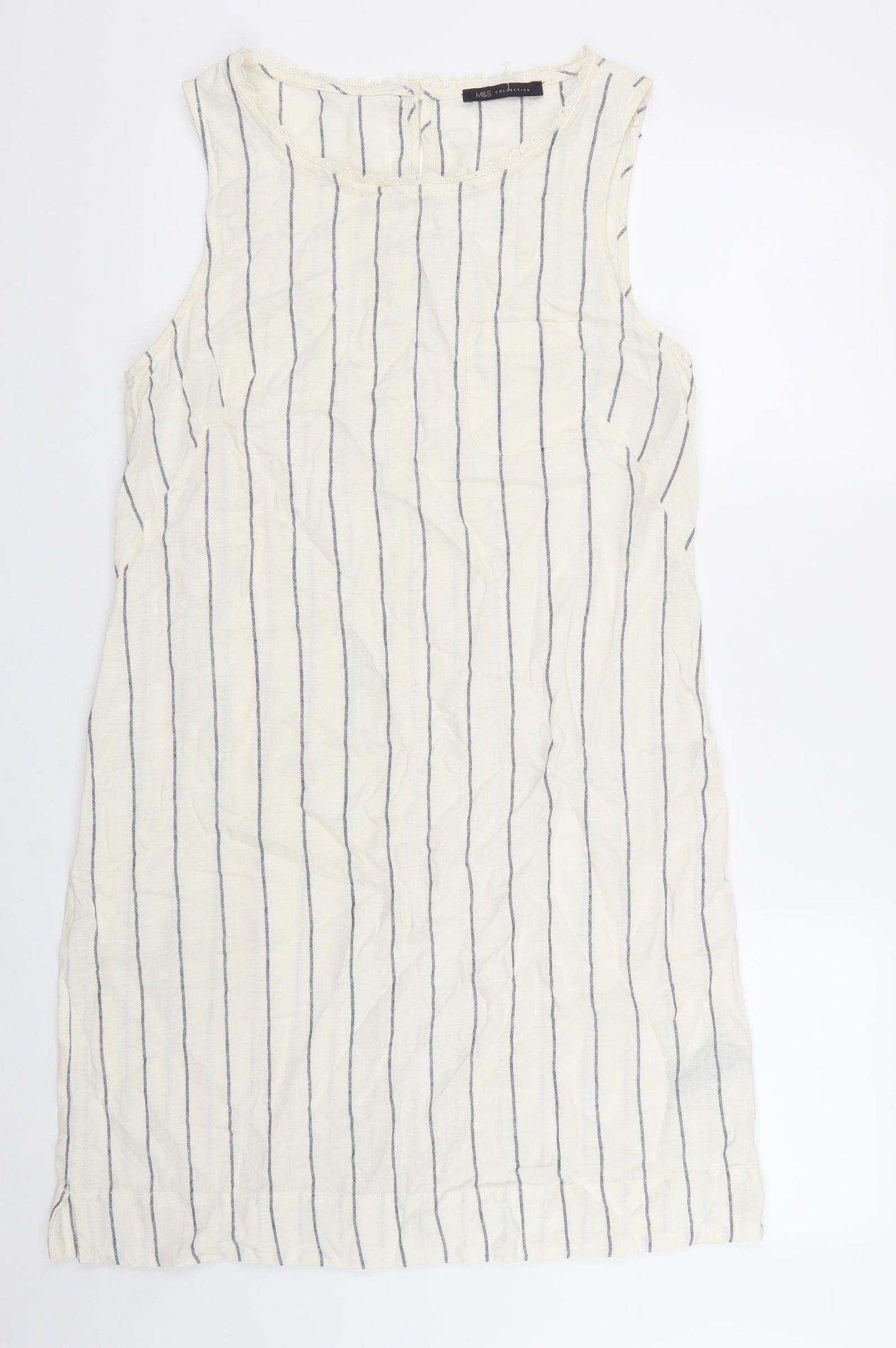 Marks and Spencer Womens White Striped Linen Shift Size 10 Boat Neck Button