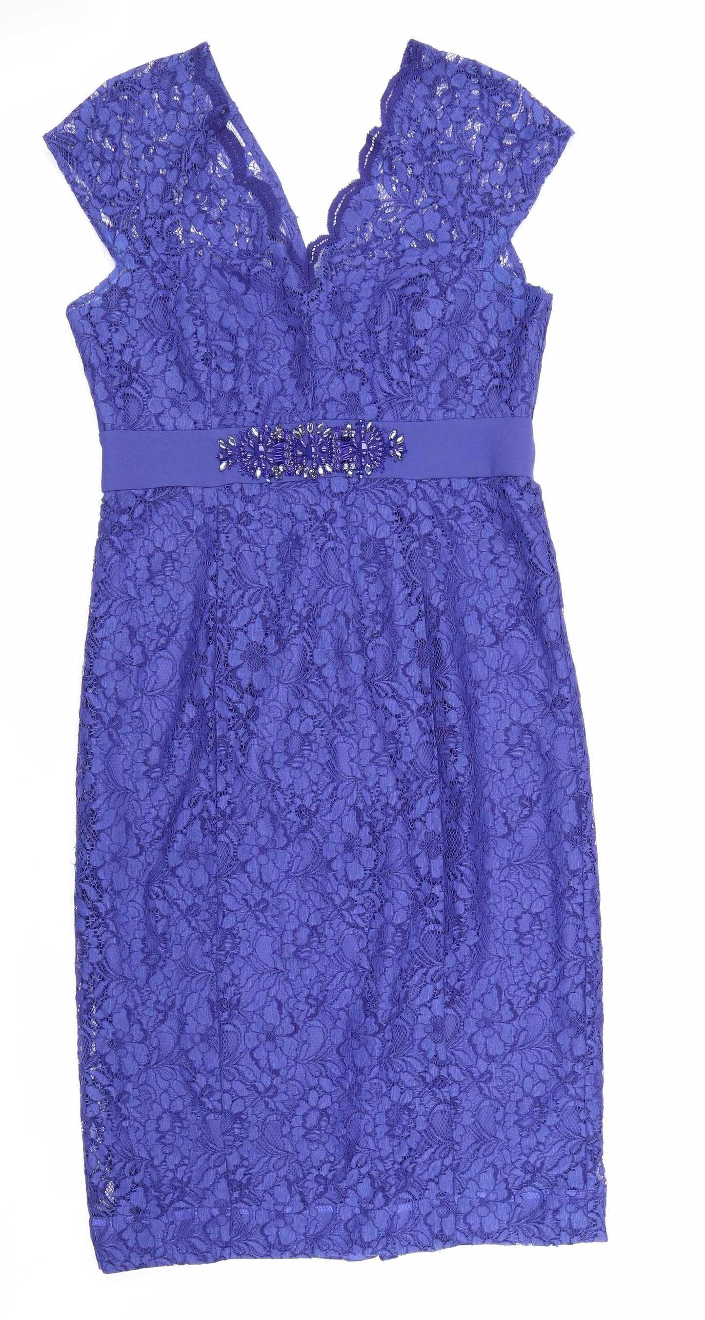 Monsoon Womens Blue Polyester Pencil Dress Size 12 V-Neck Zip