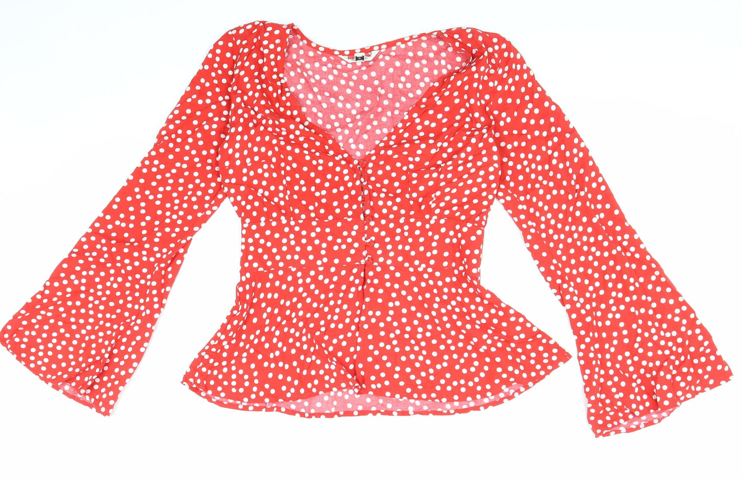 Preworn Womens Red Polka Dot Polyester Basic Blouse Size 8 V-Neck - Bell Sleeve