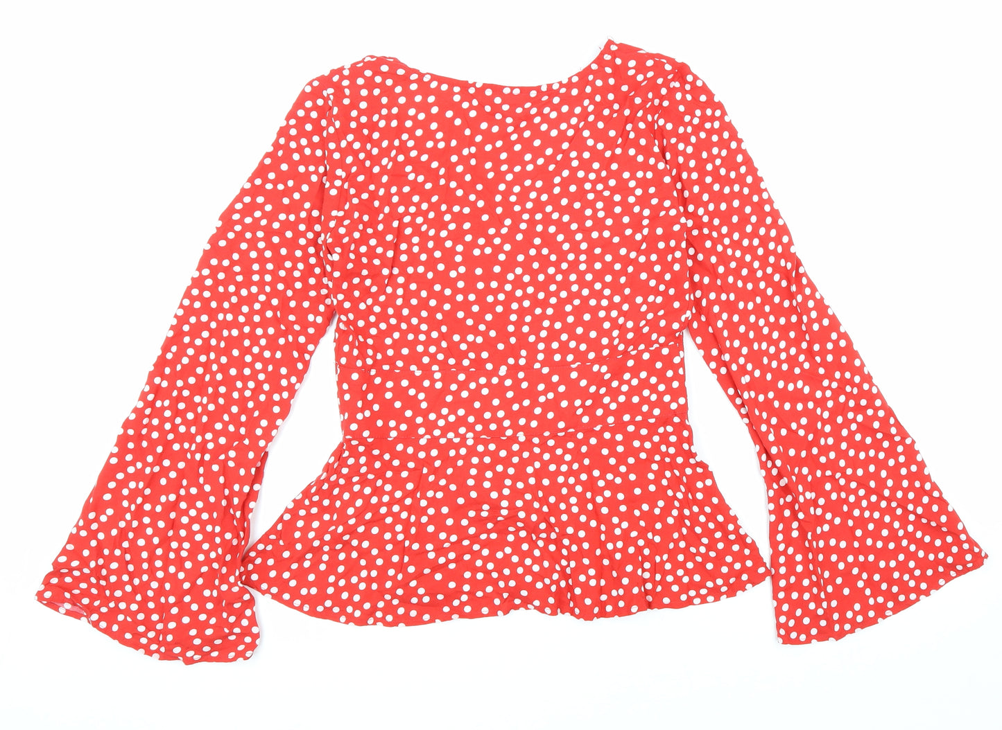 Preworn Womens Red Polka Dot Polyester Basic Blouse Size 8 V-Neck - Bell Sleeve