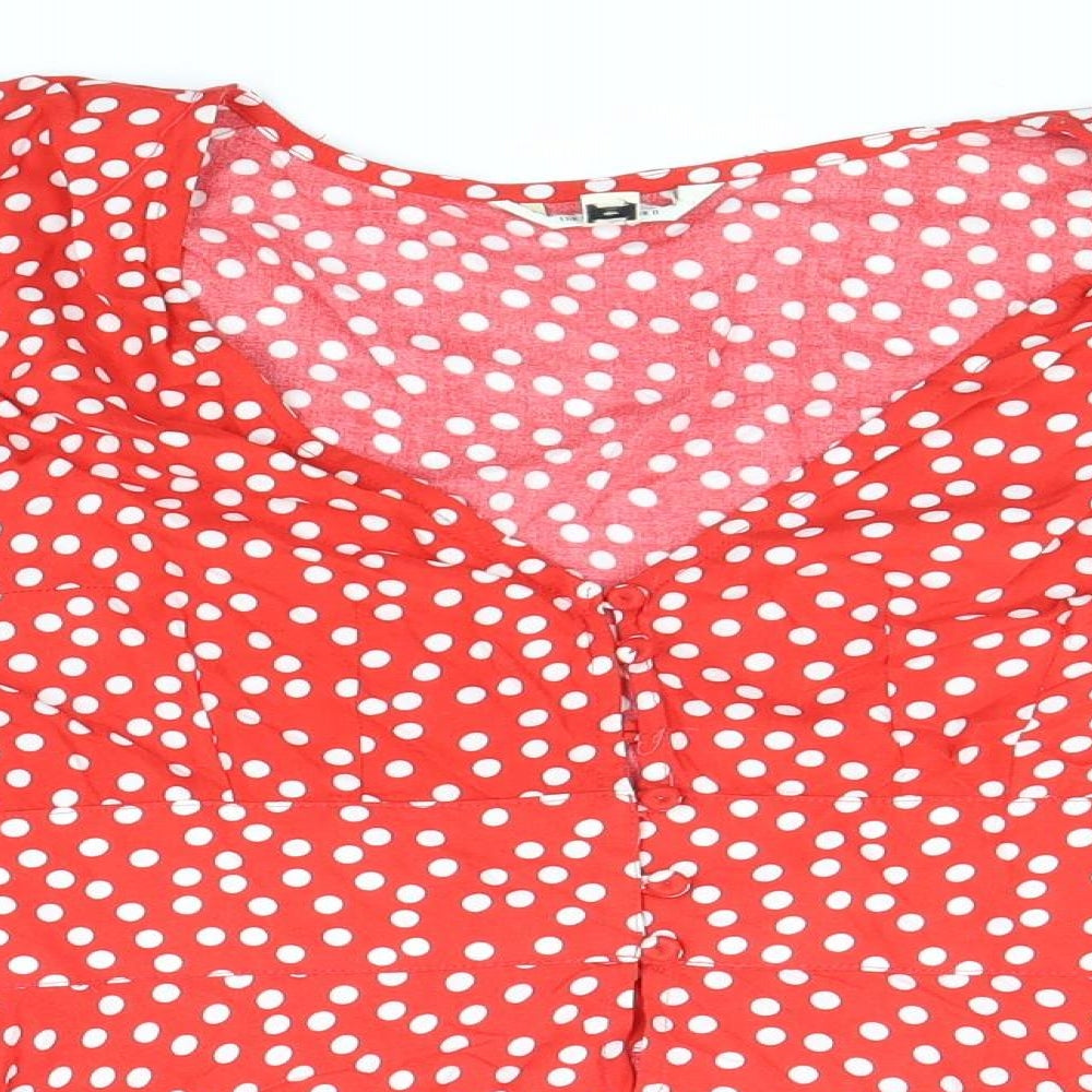 Preworn Womens Red Polka Dot Polyester Basic Blouse Size 8 V-Neck - Bell Sleeve