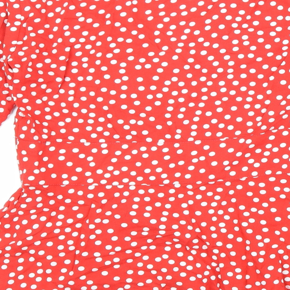 Preworn Womens Red Polka Dot Polyester Basic Blouse Size 8 V-Neck - Bell Sleeve