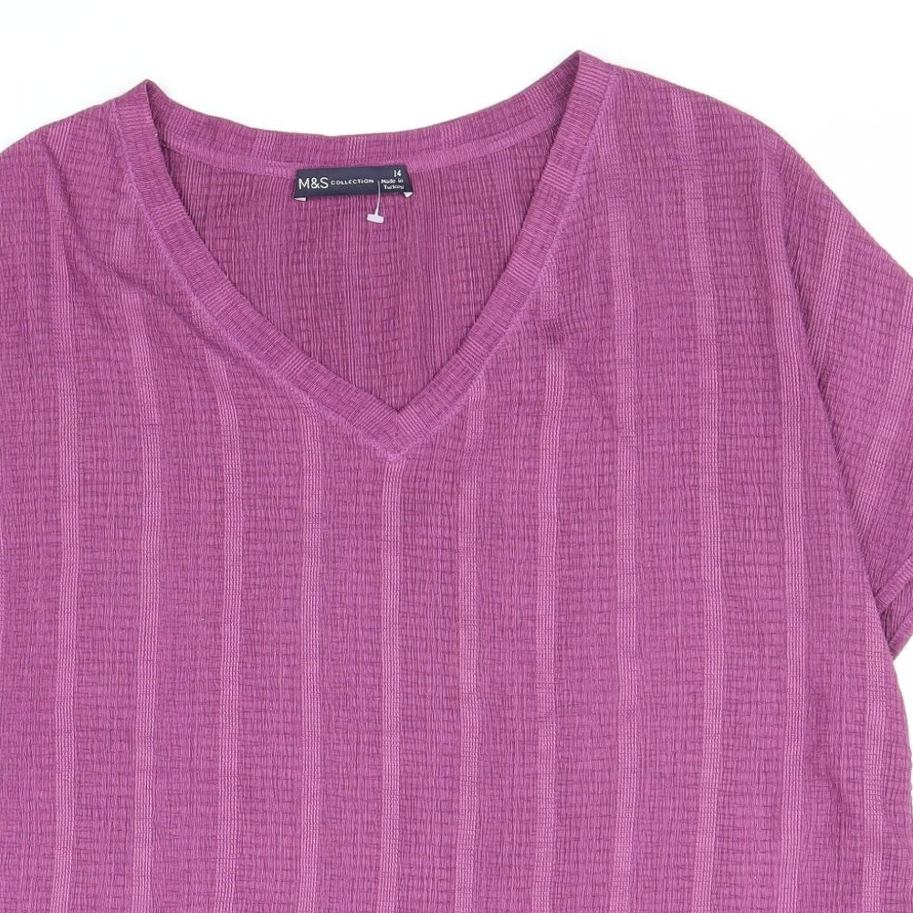 Marks and Spencer Womens Purple Polyester Basic T-Shirt Size 14 V-Neck