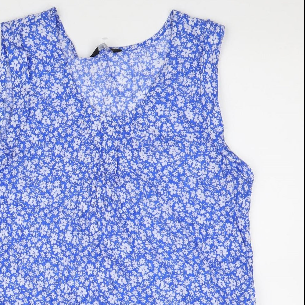 Emreco Womens Blue Floral Viscose Basic Tank Size 16 V-Neck