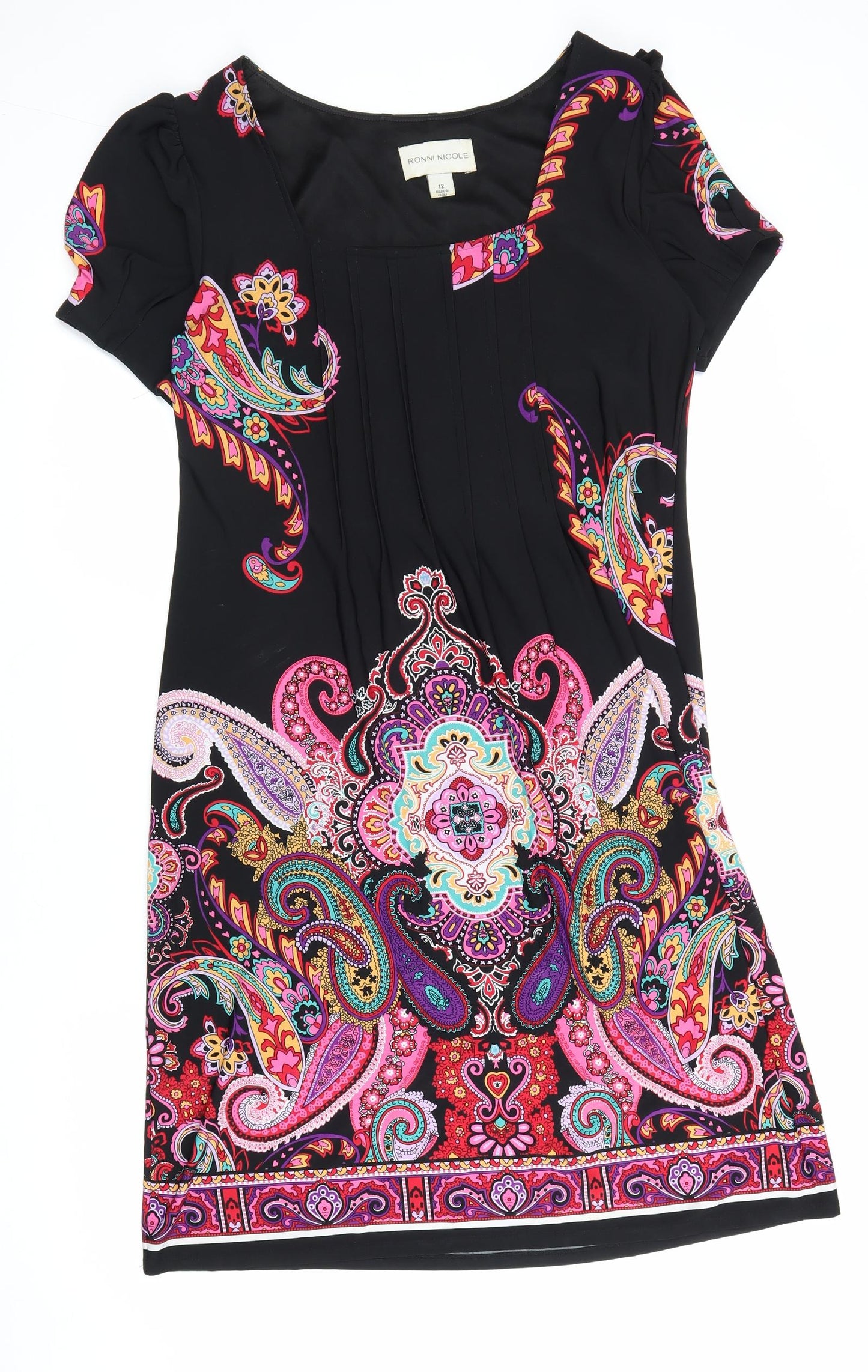 Ronni Nicole Womens Black Paisley Polyester A-Line Size 12 Square Neck Pullover