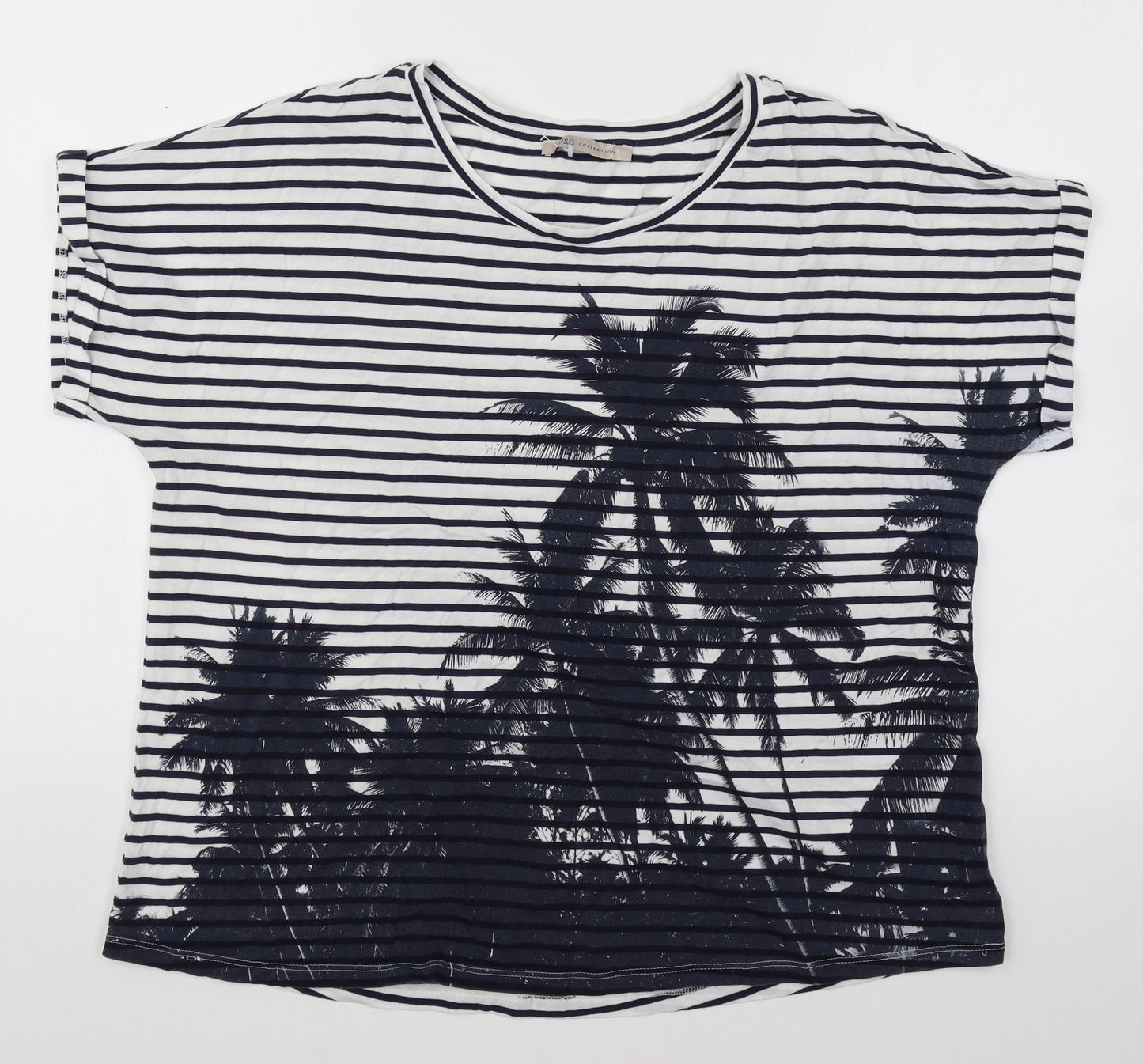 Marks and Spencer Womens White Striped Cotton Basic T-Shirt Size 16 Round Neck - Palm Tree