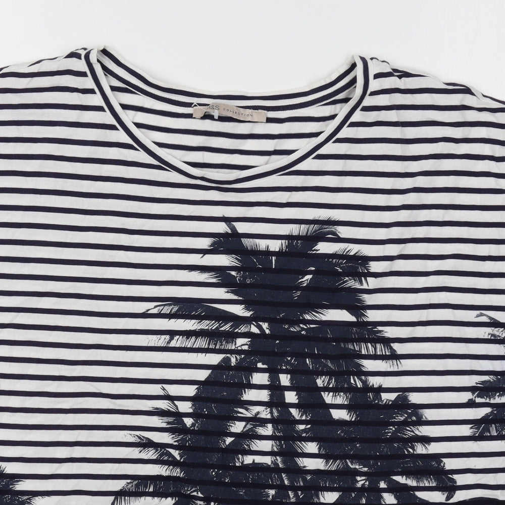 Marks and Spencer Womens White Striped Cotton Basic T-Shirt Size 16 Round Neck - Palm Tree