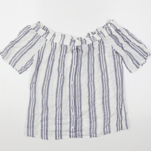 F&F Womens White Striped Cotton Basic Blouse Size 8 Boat Neck