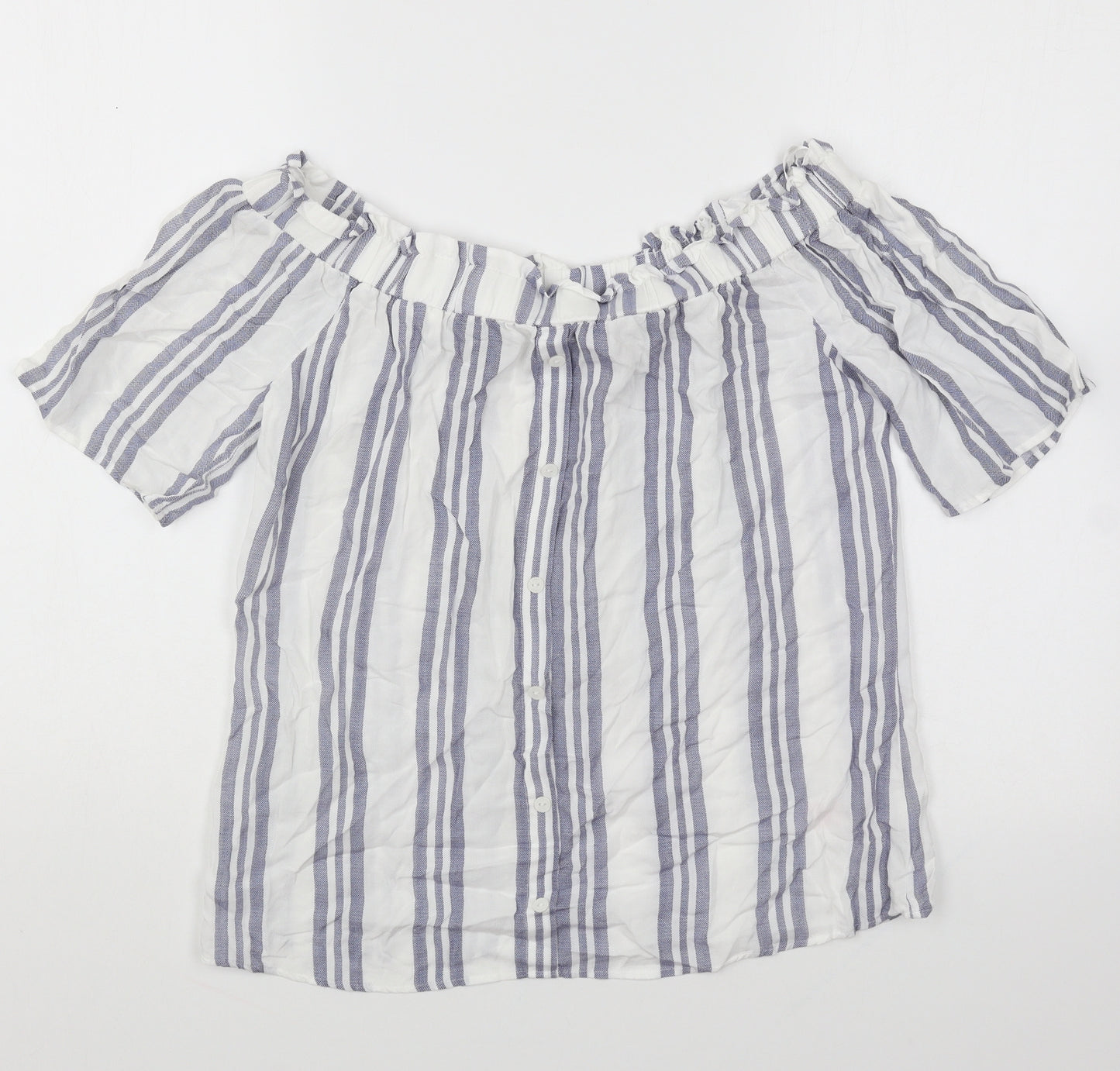 F&F Womens White Striped Cotton Basic Blouse Size 8 Boat Neck