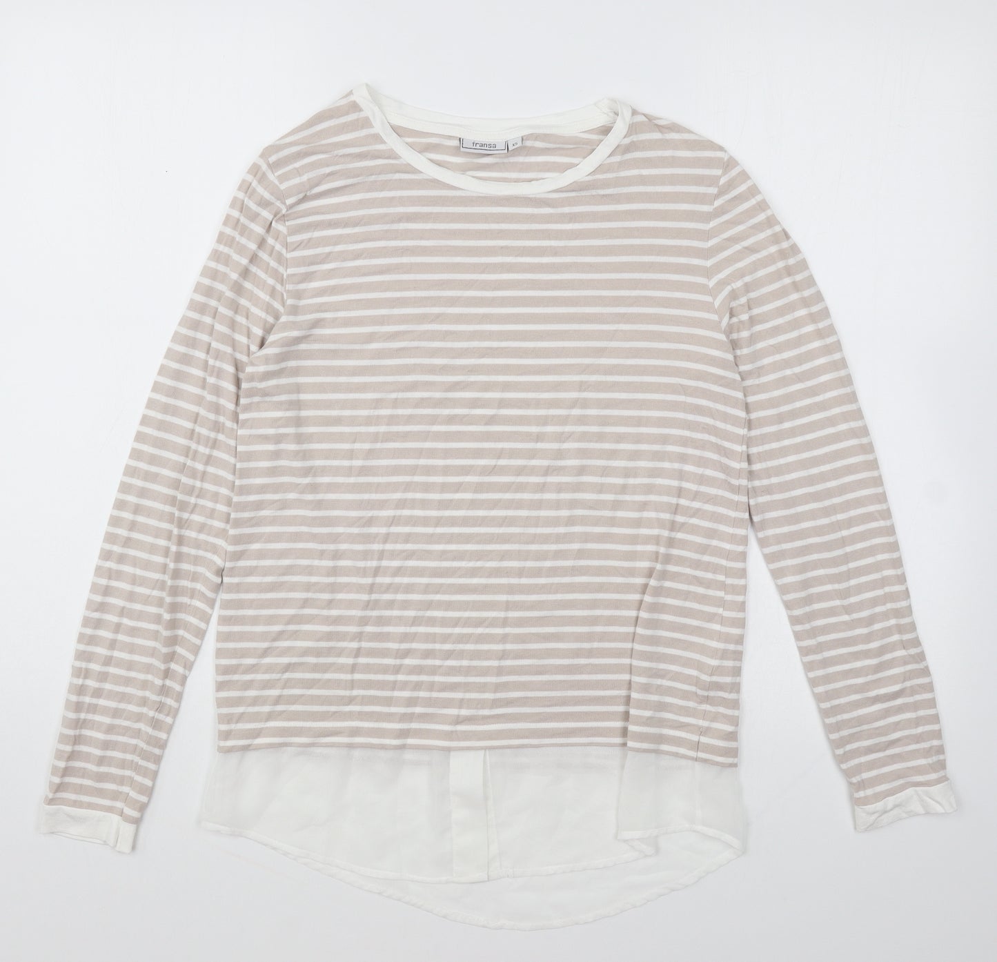 Fransa Womens Beige Striped Viscose Basic T-Shirt Size XS Round Neck