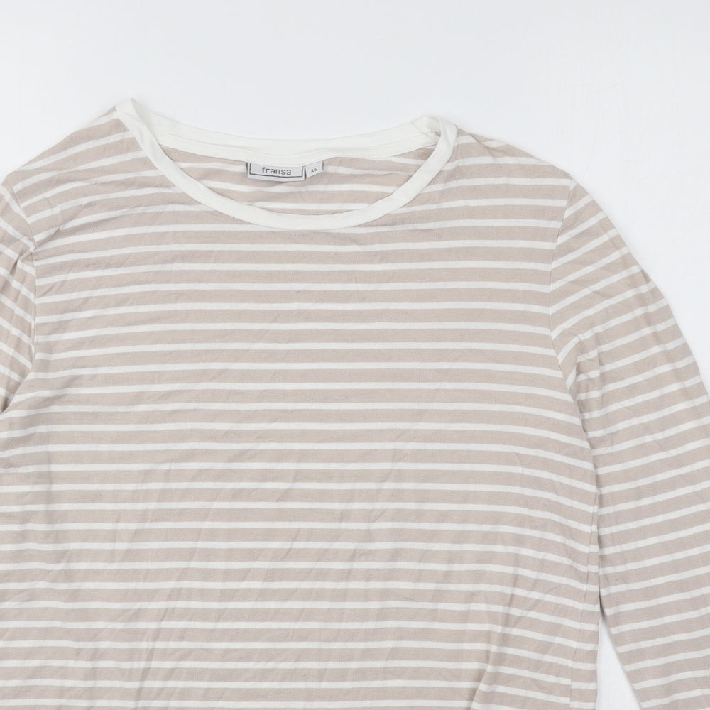 Fransa Womens Beige Striped Viscose Basic T-Shirt Size XS Round Neck