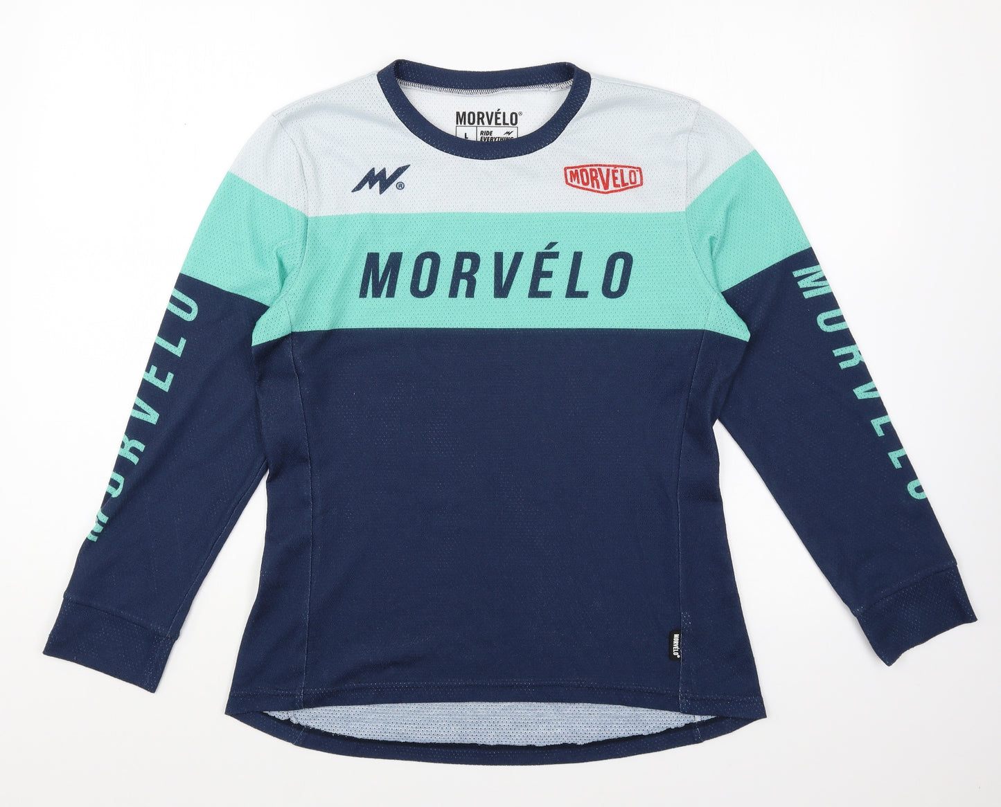 Morvelo Womens Blue Colourblock Polyester Basic T-Shirt Size L Round Neck