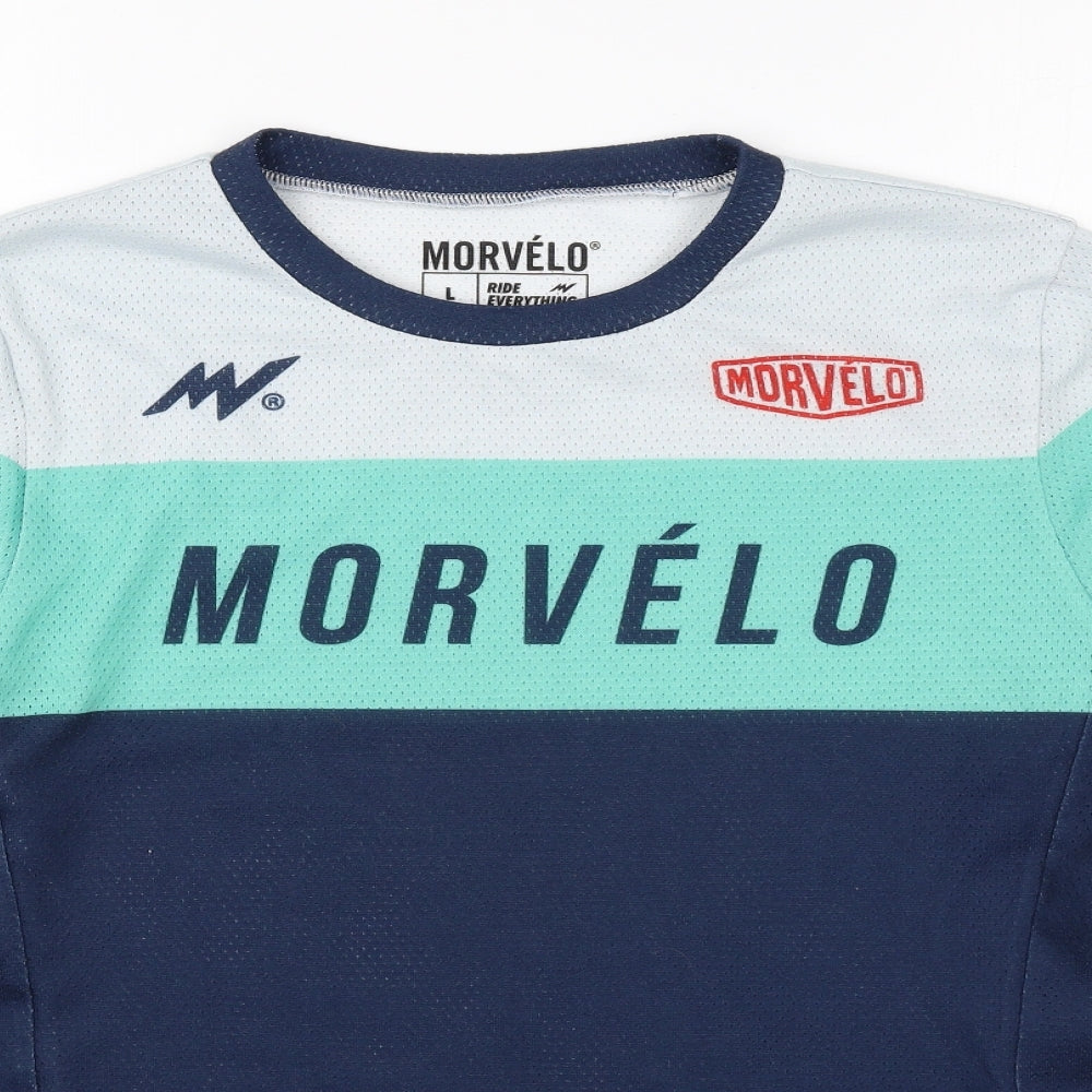 Morvelo Womens Blue Colourblock Polyester Basic T-Shirt Size L Round Neck
