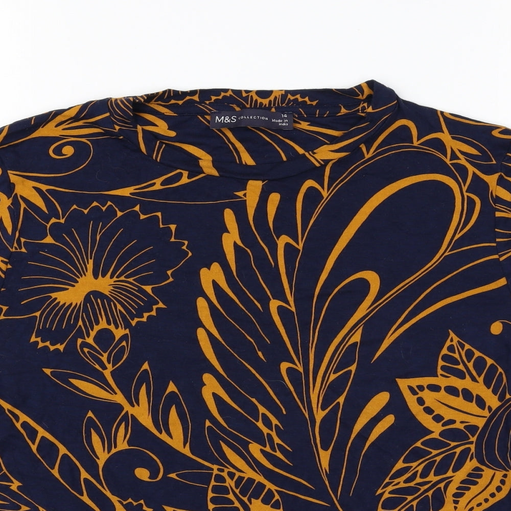 Marks and Spencer Womens Blue Geometric Viscose Basic T-Shirt Size 14 Round Neck