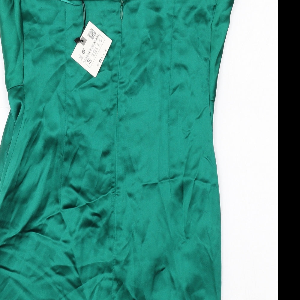 Zara Womens Green Polyester Slip Dress Size S Square Neck Zip
