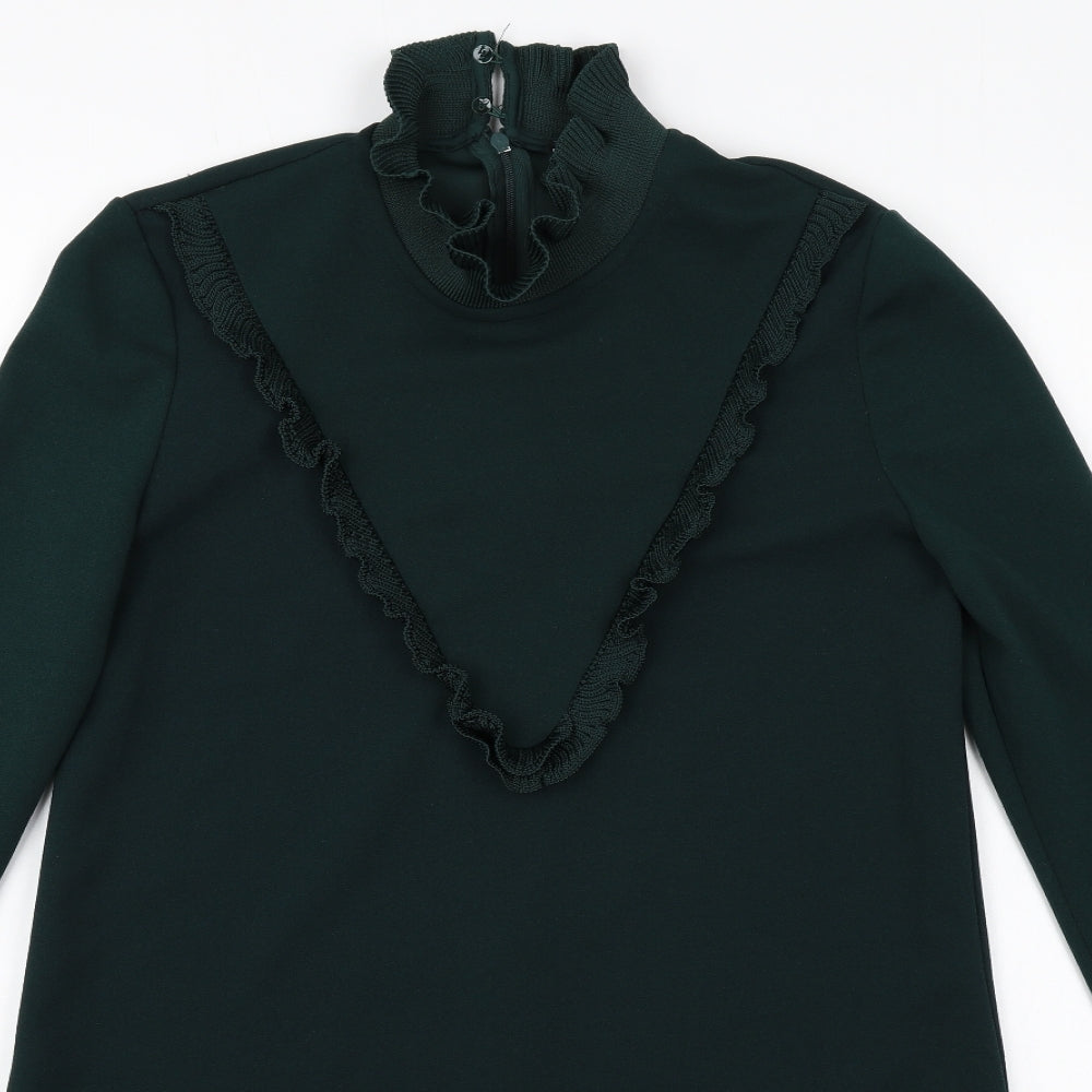Zara Womens Green Polyester Jumper Dress Size S High Neck Zip
