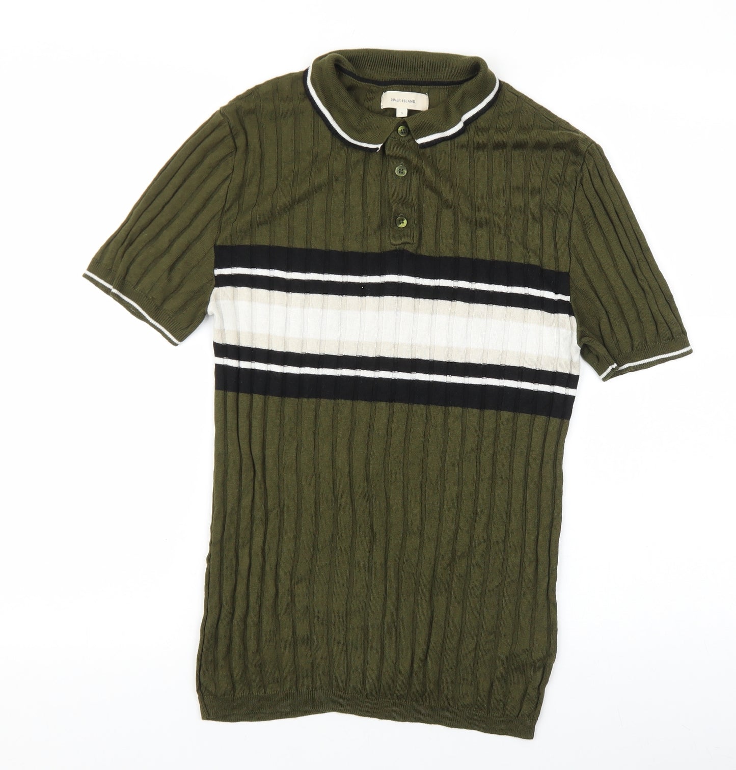 River Island Mens Green Collared Striped Acrylic Pullover Jumper Size S