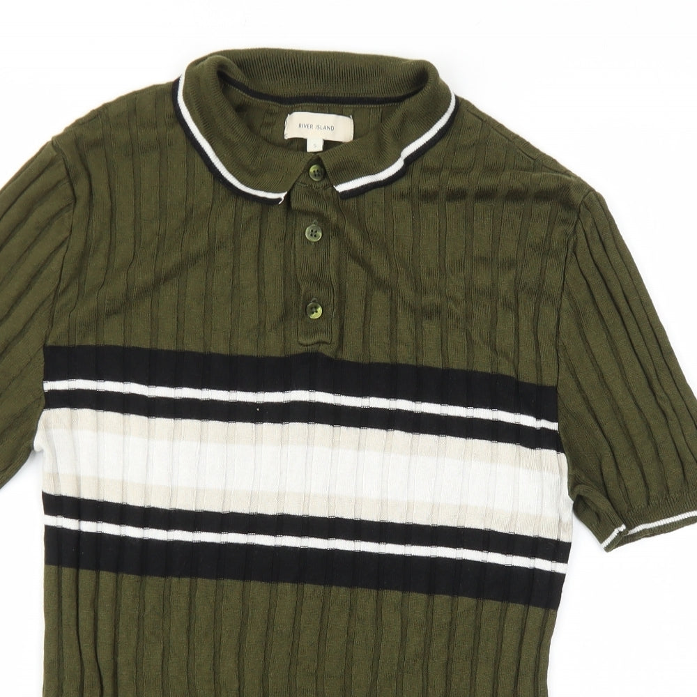 River Island Mens Green Collared Striped Acrylic Pullover Jumper Size S