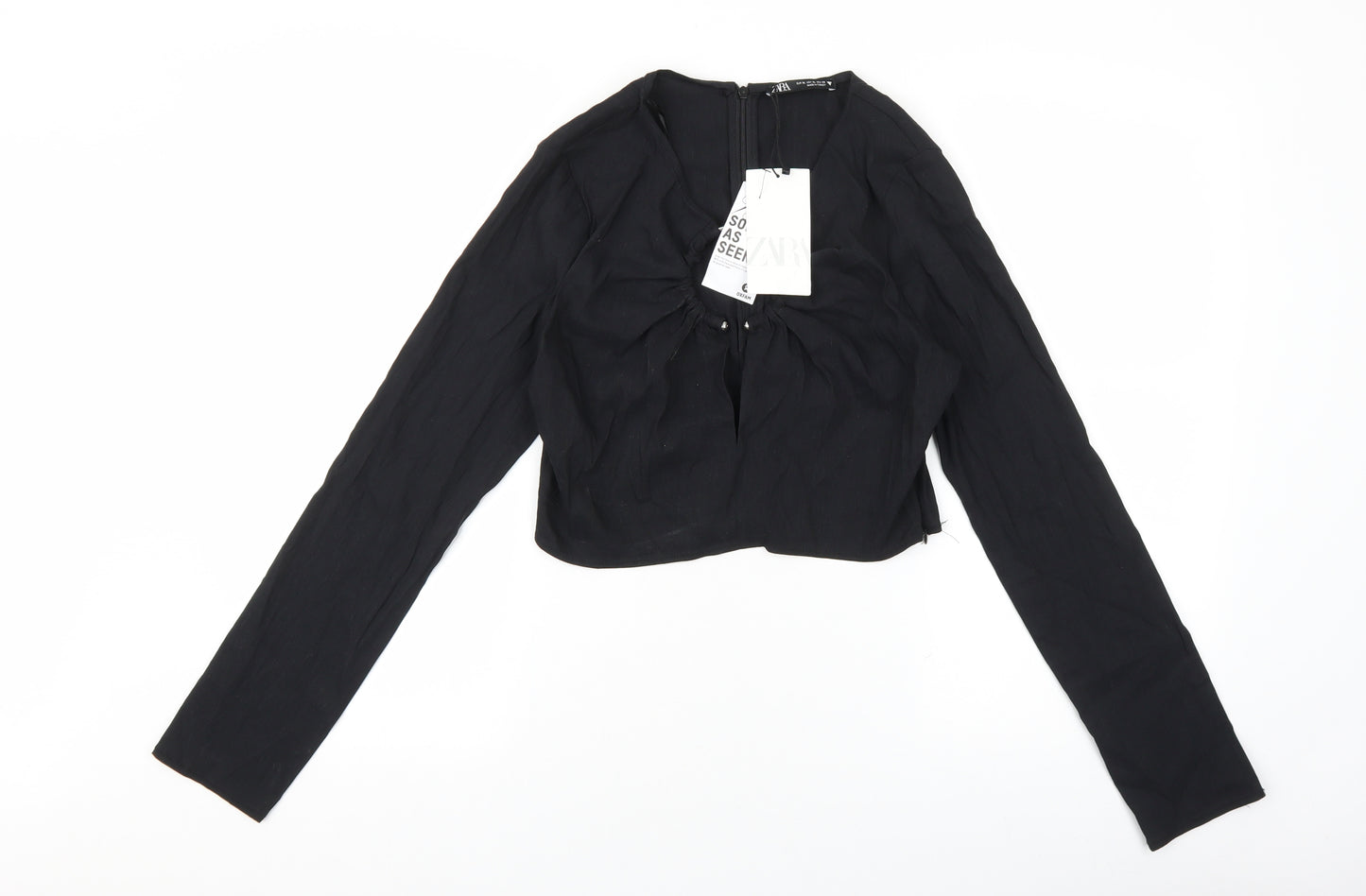 Zara Womens Black Linen Cropped Blouse Size XL V-Neck