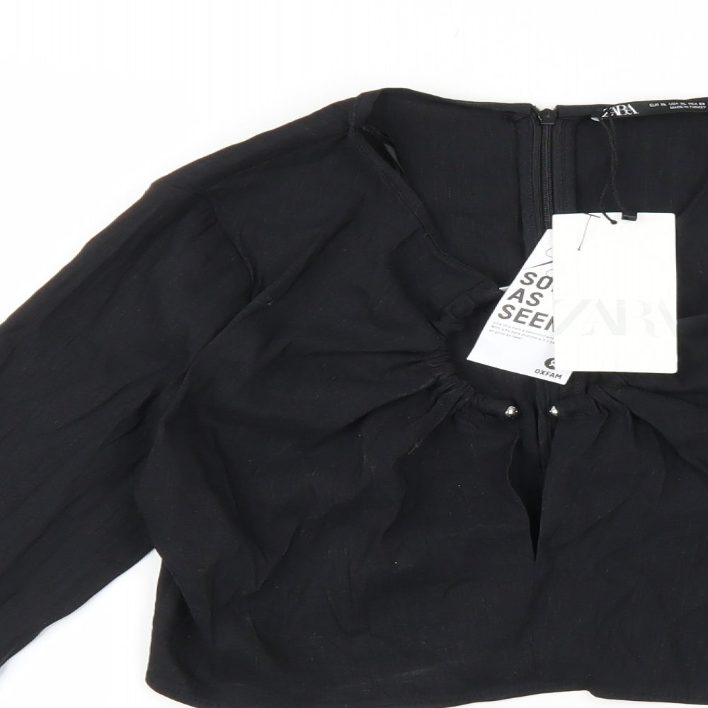 Zara Womens Black Linen Cropped Blouse Size XL V-Neck