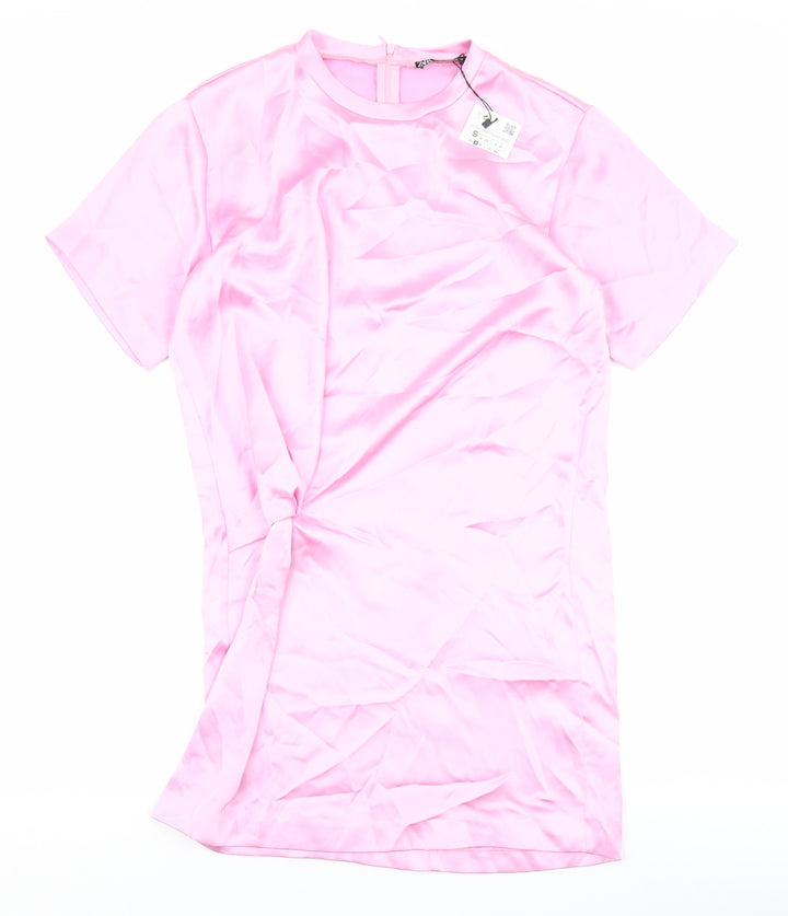 Zara Womens Pink Polyester T-Shirt Dress Size S Round Neck Zip