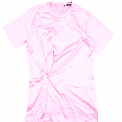 Zara Womens Pink Polyester Shirt Dress Size M Round Neck Zip