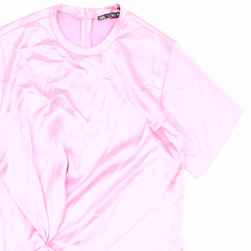 Zara Womens Pink Polyester Shirt Dress Size M Round Neck Zip