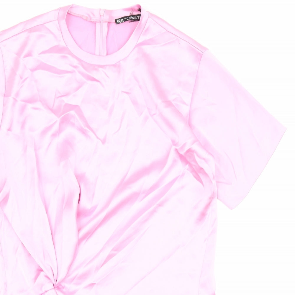 Zara Womens Pink Polyester Shirt Dress Size M Round Neck Zip