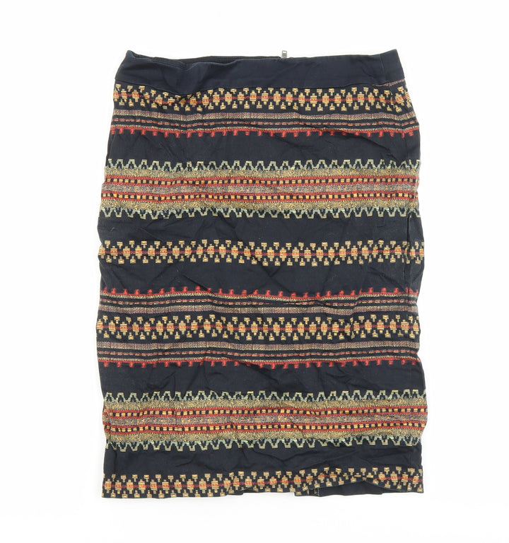 Marks and Spencer Womens Black Geometric Cotton A-Line Skirt Size 8 Zip