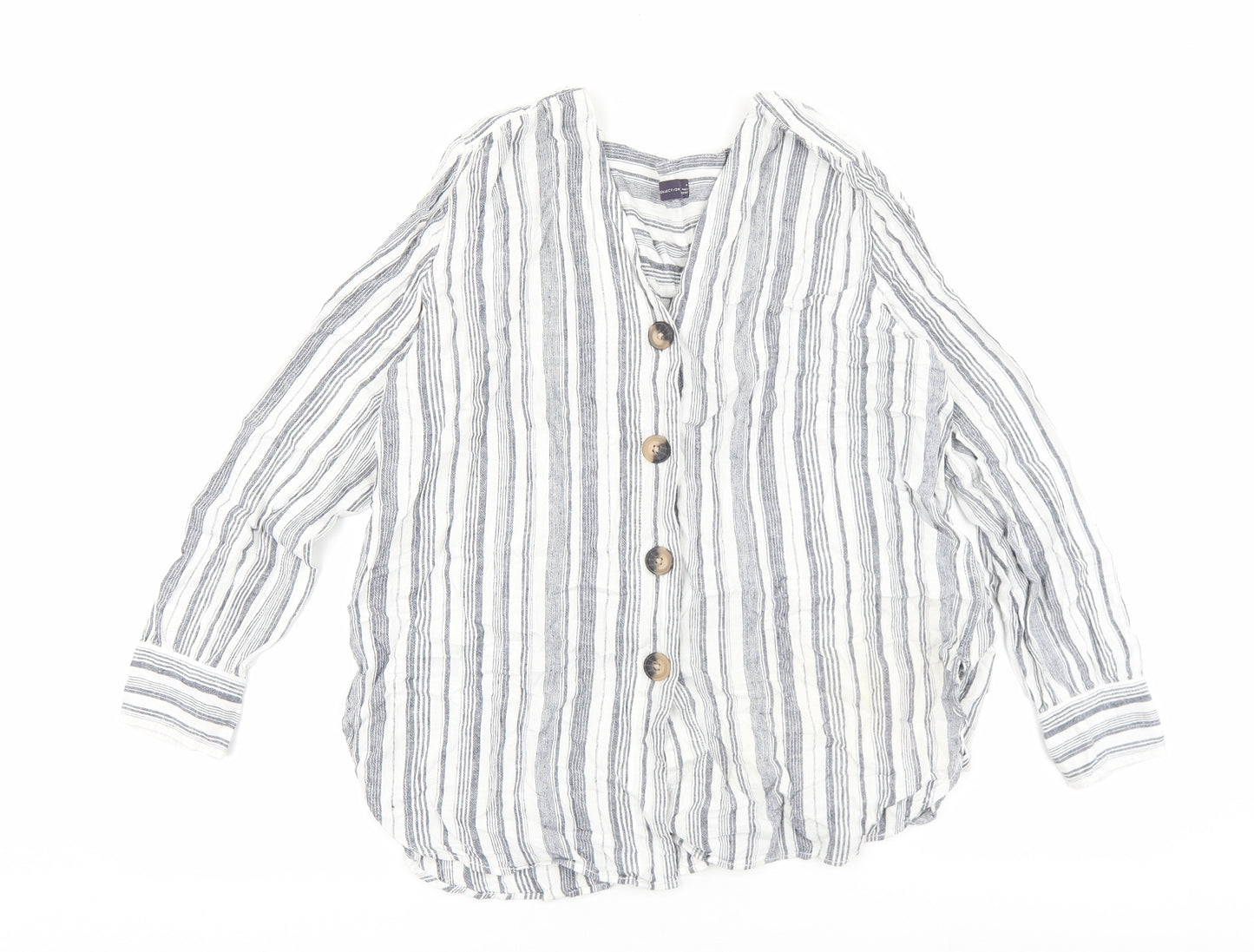 Marks and Spencer Womens Blue Striped Linen Basic Blouse Size 14 V-Neck