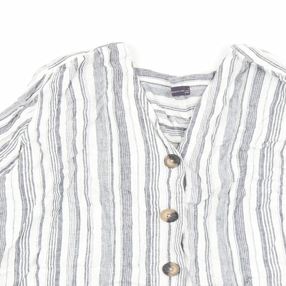 Marks and Spencer Womens Blue Striped Linen Basic Blouse Size 14 V-Neck