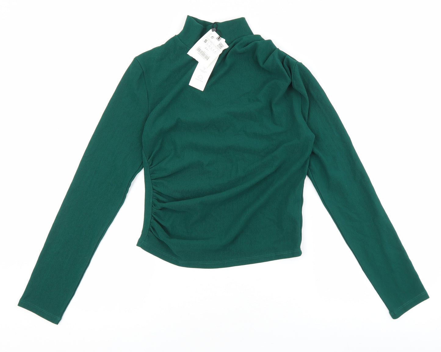 Zara Womens Green Polyester Basic T-Shirt Size S Mock Neck