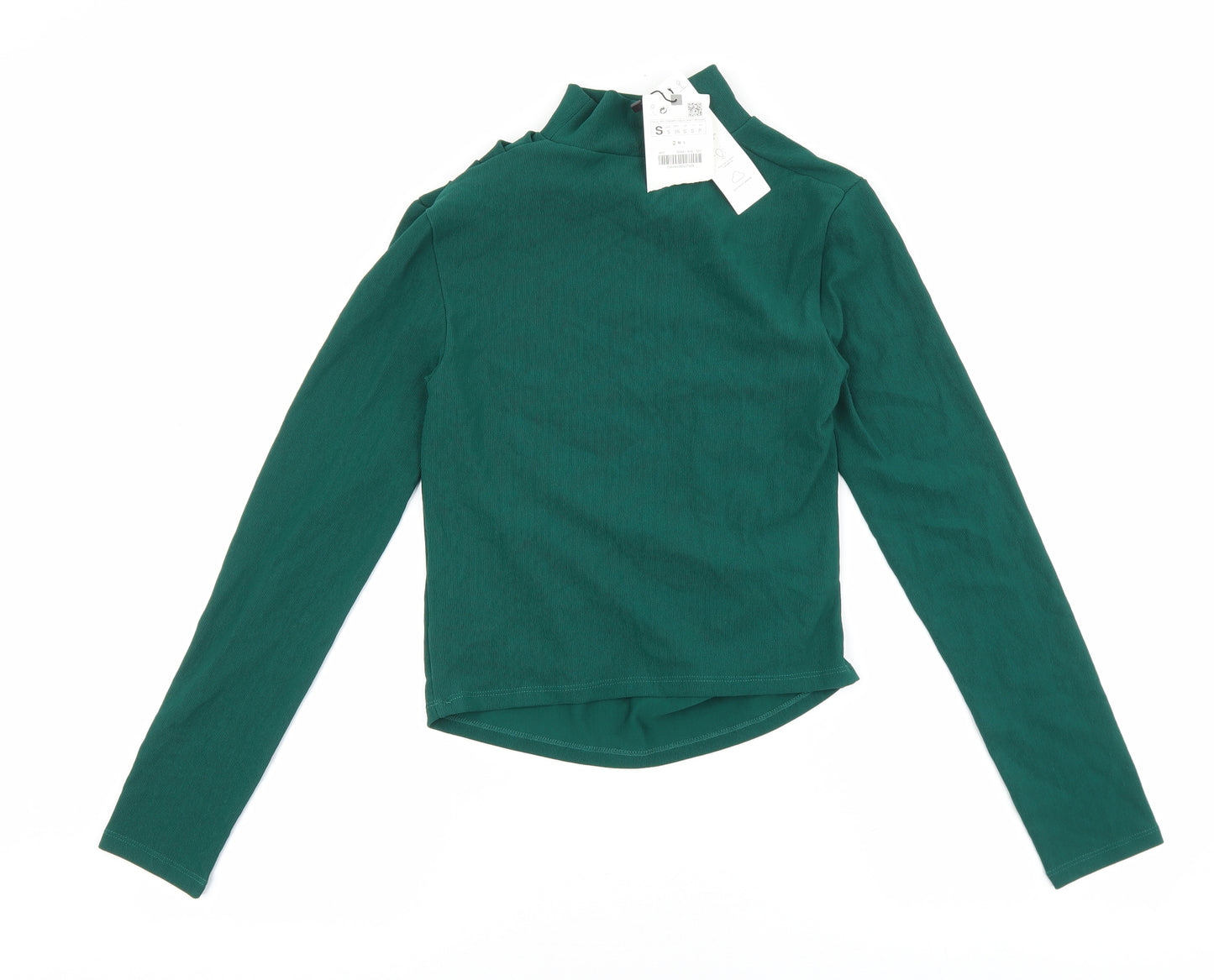 Zara Womens Green Polyester Basic T-Shirt Size S Mock Neck