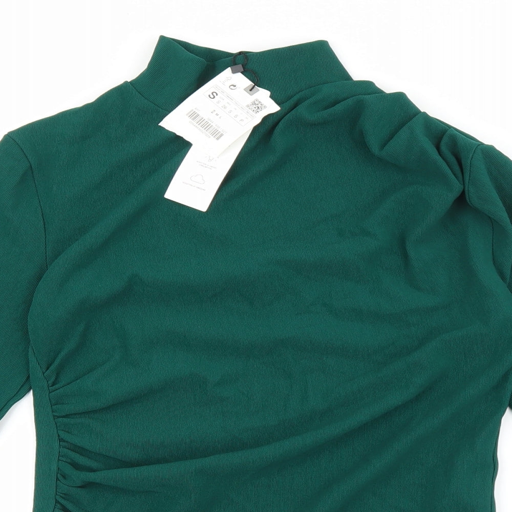 Zara Womens Green Polyester Basic T-Shirt Size S Mock Neck