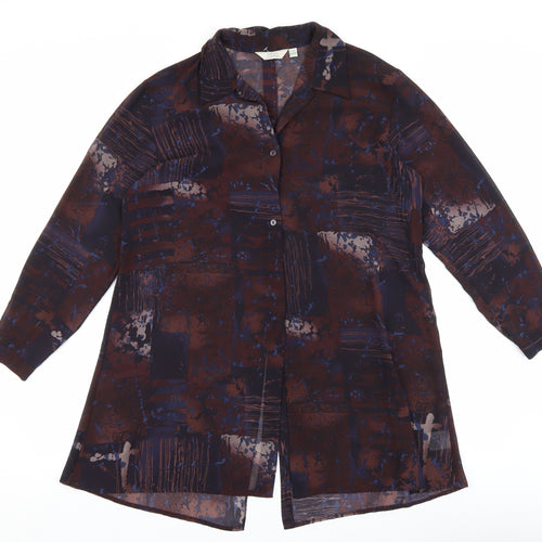 NEXT Womens Brown Geometric Polyester Basic Button-Up Size M V-Neck
