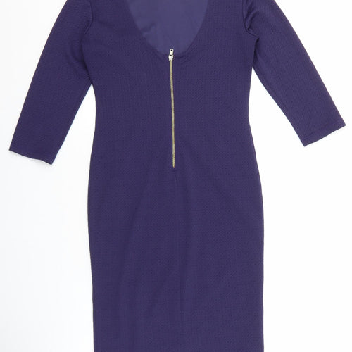 Warehouse Womens Blue Viscose Pencil Dress Size 10 Boat Neck Zip