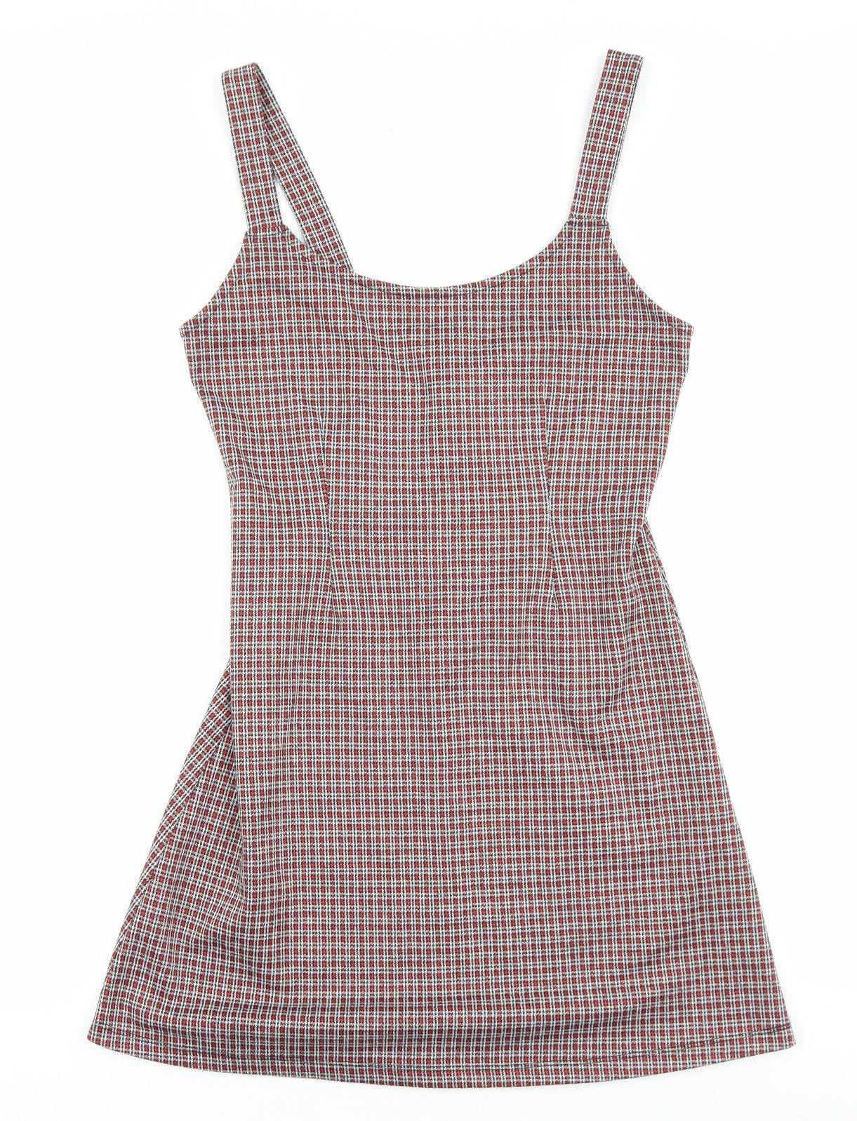 FOREVER 21 Womens Red Check Polyester Pinafore/Dungaree Dress Size S Scoop Neck Zip