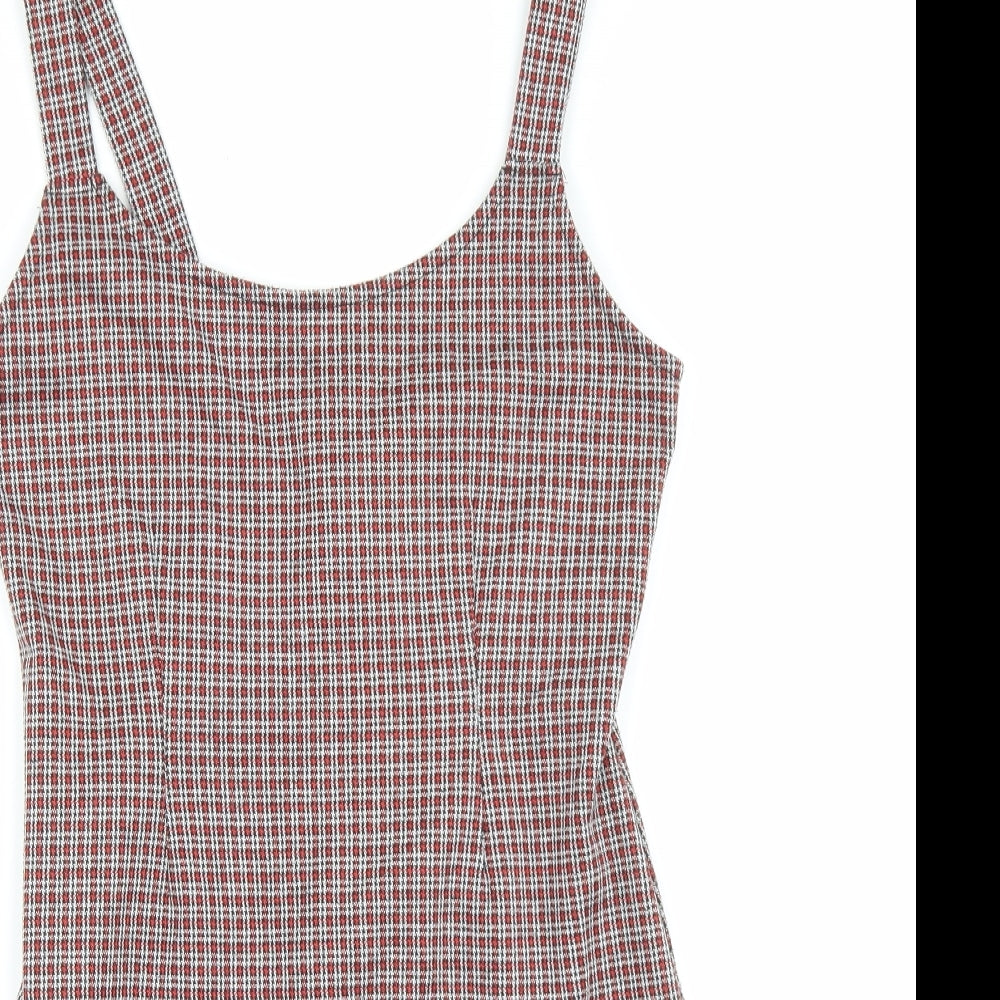 FOREVER 21 Womens Red Check Polyester Pinafore/Dungaree Dress Size S Scoop Neck Zip